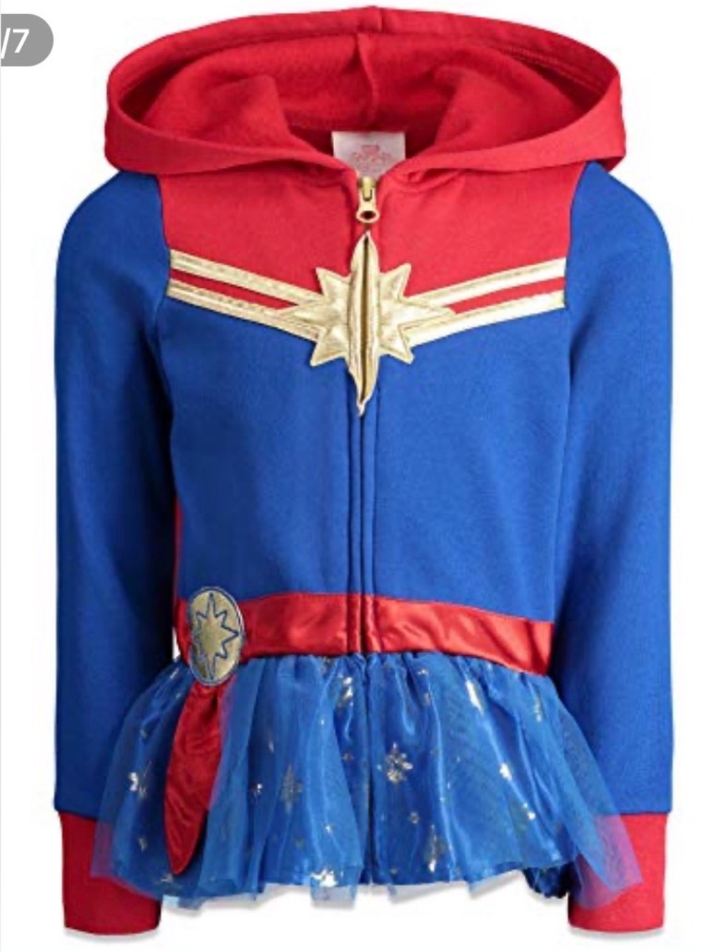 Captain Marvel Toddler Girls Zip Up Fleece Costume Hoodie with Ruffle, Girl Size